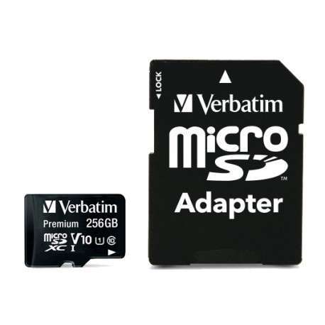 Verbatim microSDXC Card 256GB, Premium, Class 10, U1 - R 90MB/s - W 10MB/s mémoire flash - 1