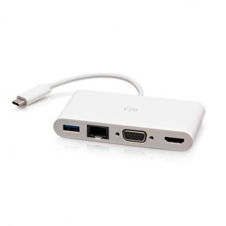 C2G Adaptateur multiport USB-C® vers HDMI®, VGA, USB-A, et RJ45 - 4K 30 Hz - Blanc - 1